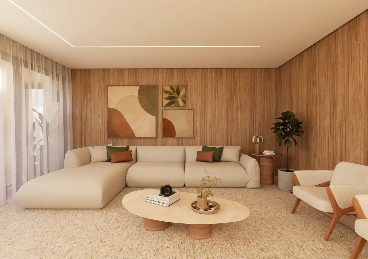 Living Amadeirado, projeto de arquitetura de interiores do Studio Freitas